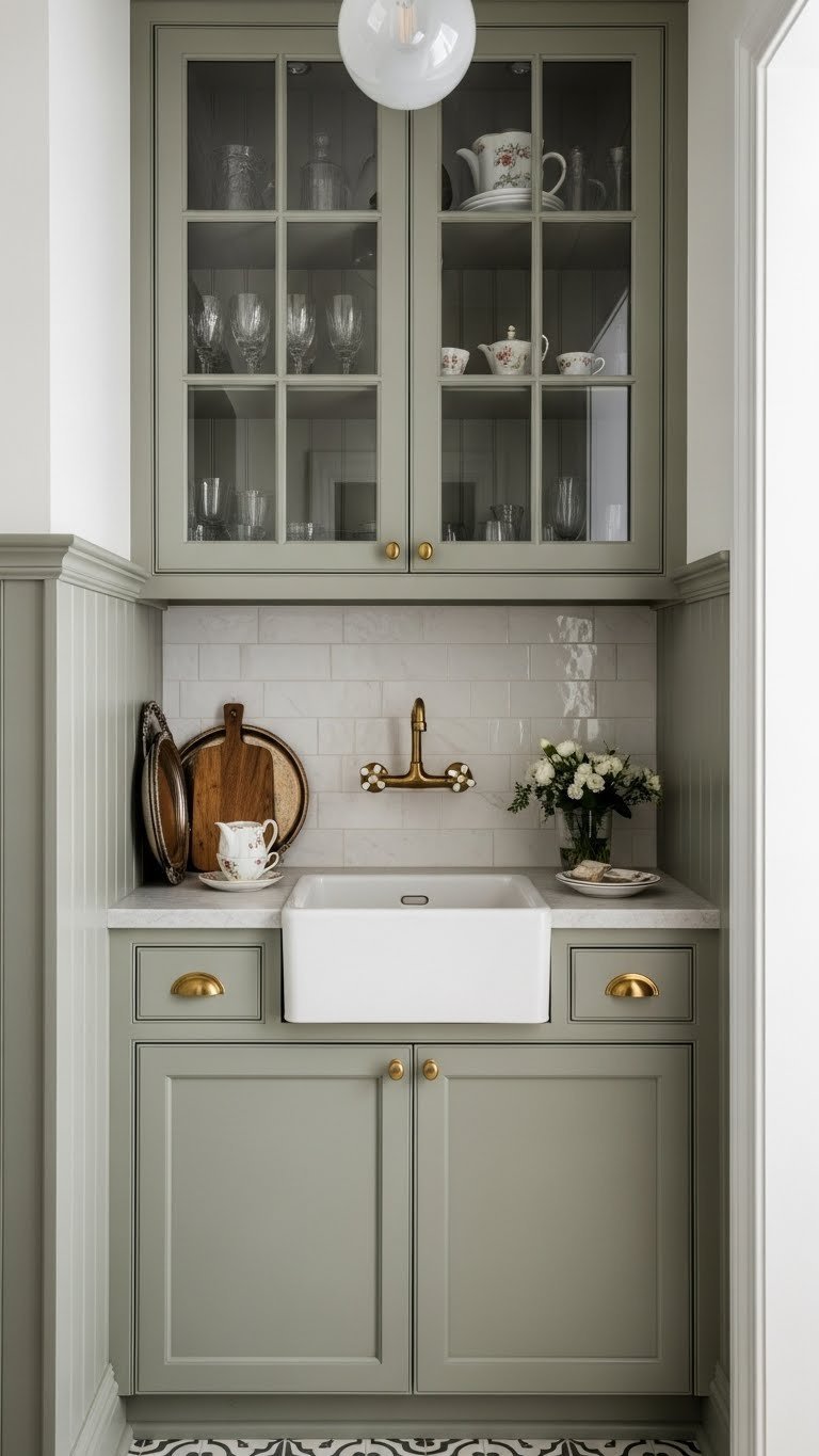 Elegant butler's pantry nook with soapstone counter, brass sink, glass cabinets showcasing antique glassware, and muted green wainscoting.