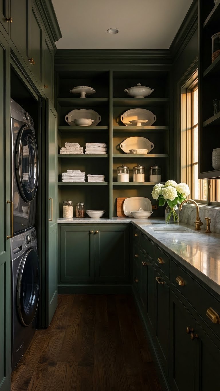 Space-Saving Kitchen Pantry Laundry Room Ideas 7 Elegant butler's pantry with sleek stackable washer dryer, dark cabinetry, marble counter, and decorative shelving.