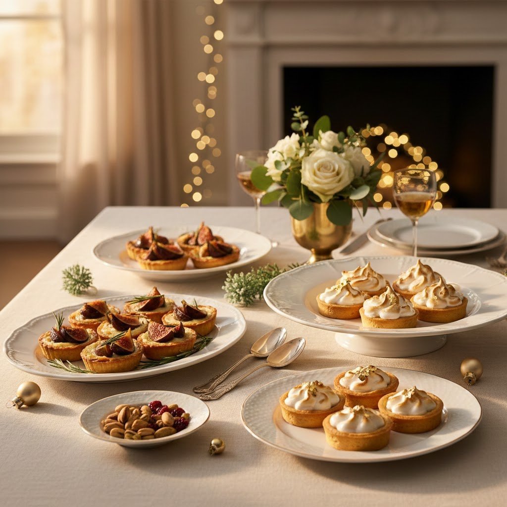 Elegant ceramic serving platters with appetizers arranged on linen tablecloth for festive dining setting.