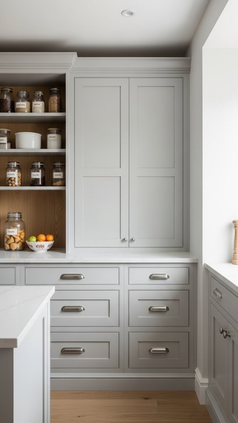 Elegant custom-built pantry cabinetry with soft gray shaker-style doors, integrated drawers, and open shelving displaying high-end items.