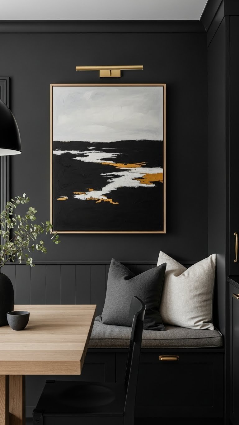 Dark Kitchen Aesthetic: 9 Decor Tips For Elegant Spaces 8 Elegant dark kitchen featuring large abstract art with a neutral palette above a banquette, set against a matte charcoal wall.