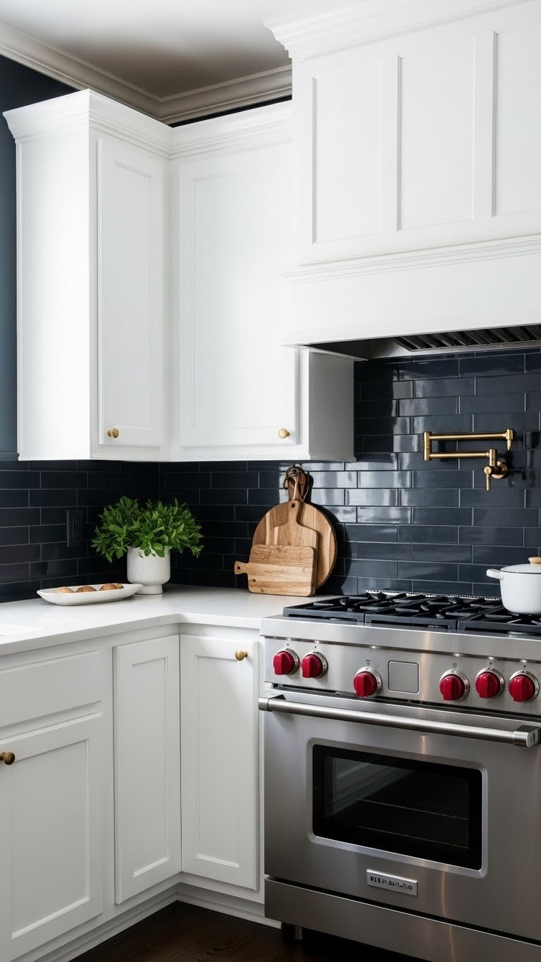 Elegant dark kitchen with white perimeter cabinets, deep charcoal wall paint, subtle brass hardware, and wooden cutting boards.