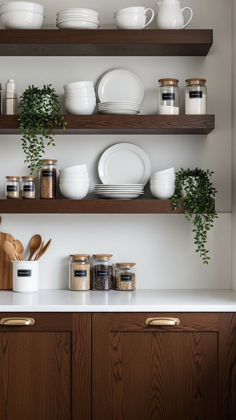 Elegant dark oak open shelves with white ceramic dishes, glass jars, green plants, and matching base cabinets. Organized kitchen.