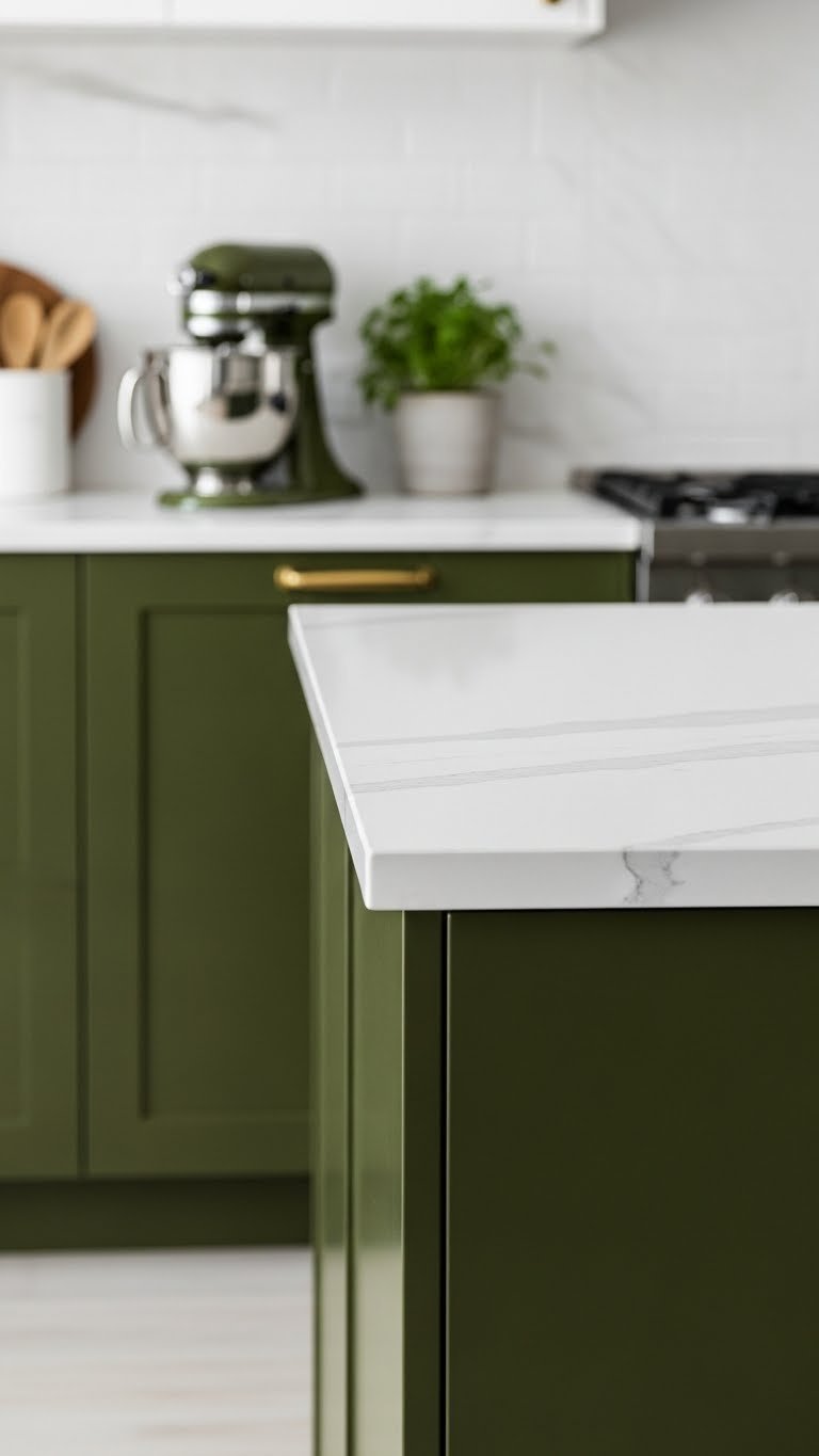 Elegant dark olive green kitchen cabinets meeting a premium white countertop with gray veining, creating sophisticated contrast.