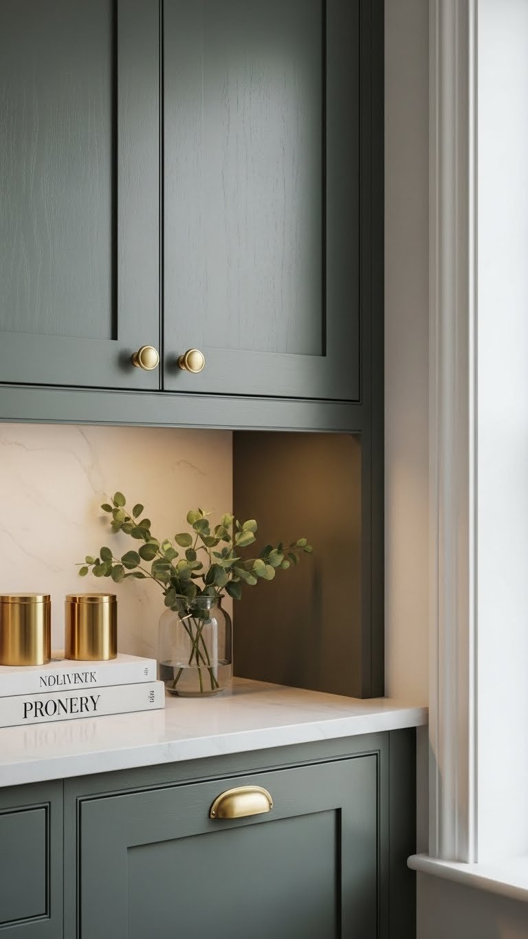 Elegant dark sage green shaker kitchen cabinets with brass handles, gold accents, and a small green plant under warm light. Modern kitchen design.