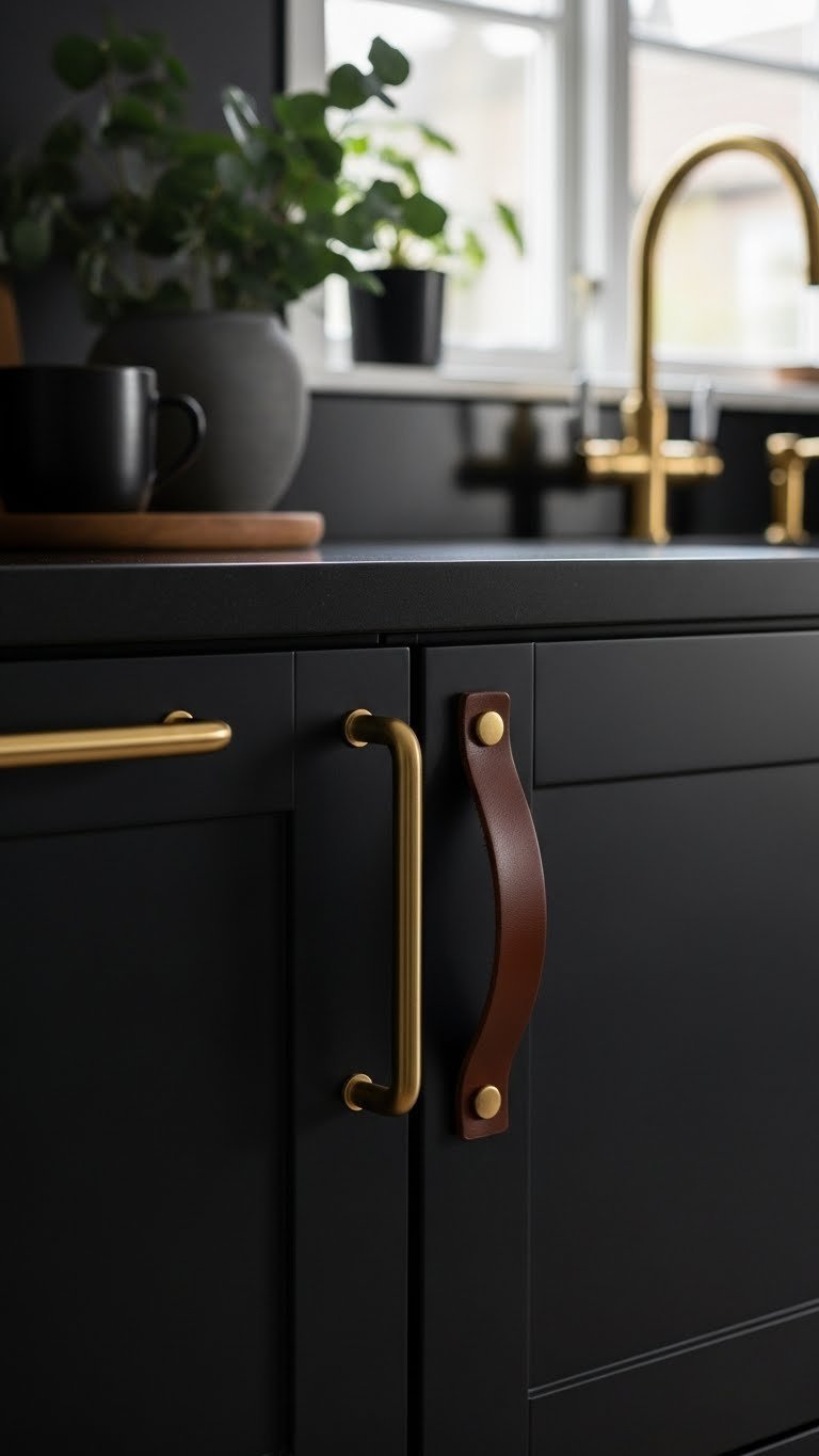 Elegant dark scandi kitchen close-up of matte black cabinet with brushed brass pull and leather handle details.