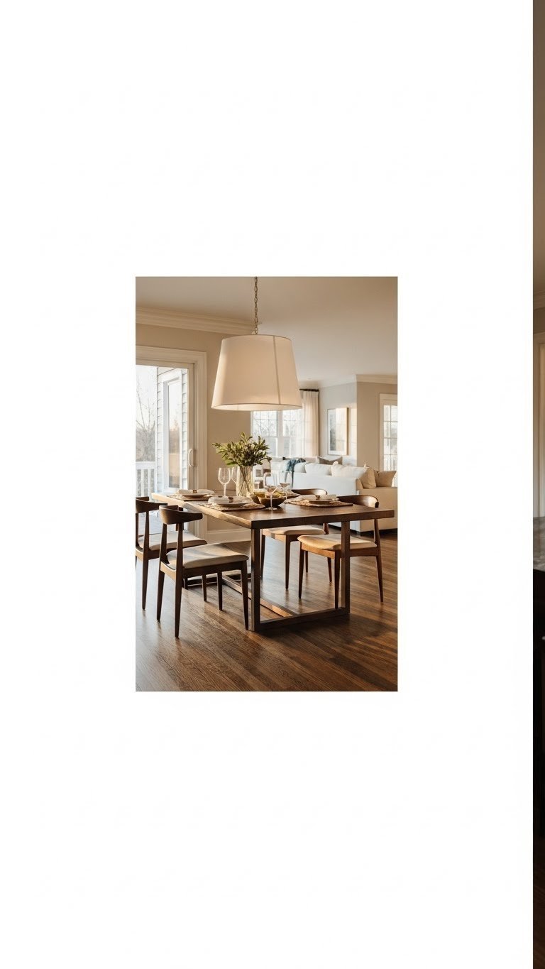 Elegant dining area integrates open kitchen/living as buffer. Wooden table, modern chairs, unique pendant light, warm creams, dark woods.