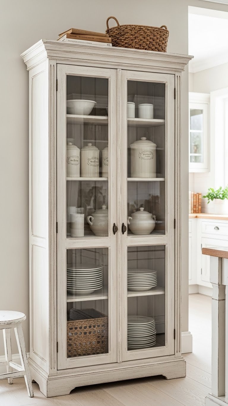 Elegant distressed wood freestanding pantry with glass doors revealing vintage ceramic canisters and stacked dishes, a cozy kitchen storage solution.