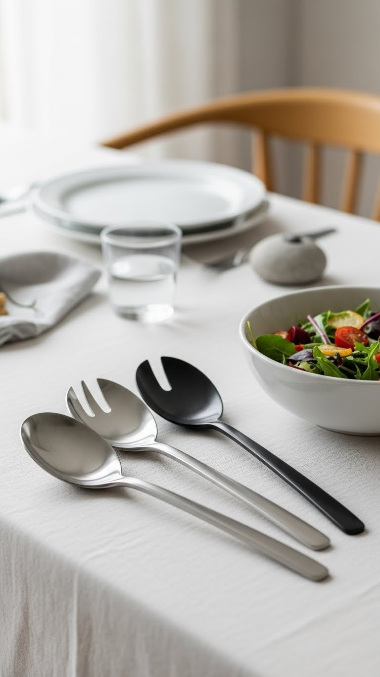 Elegant ergonomic serving utensils on white linen tablecloth next to ceramic salad bowl