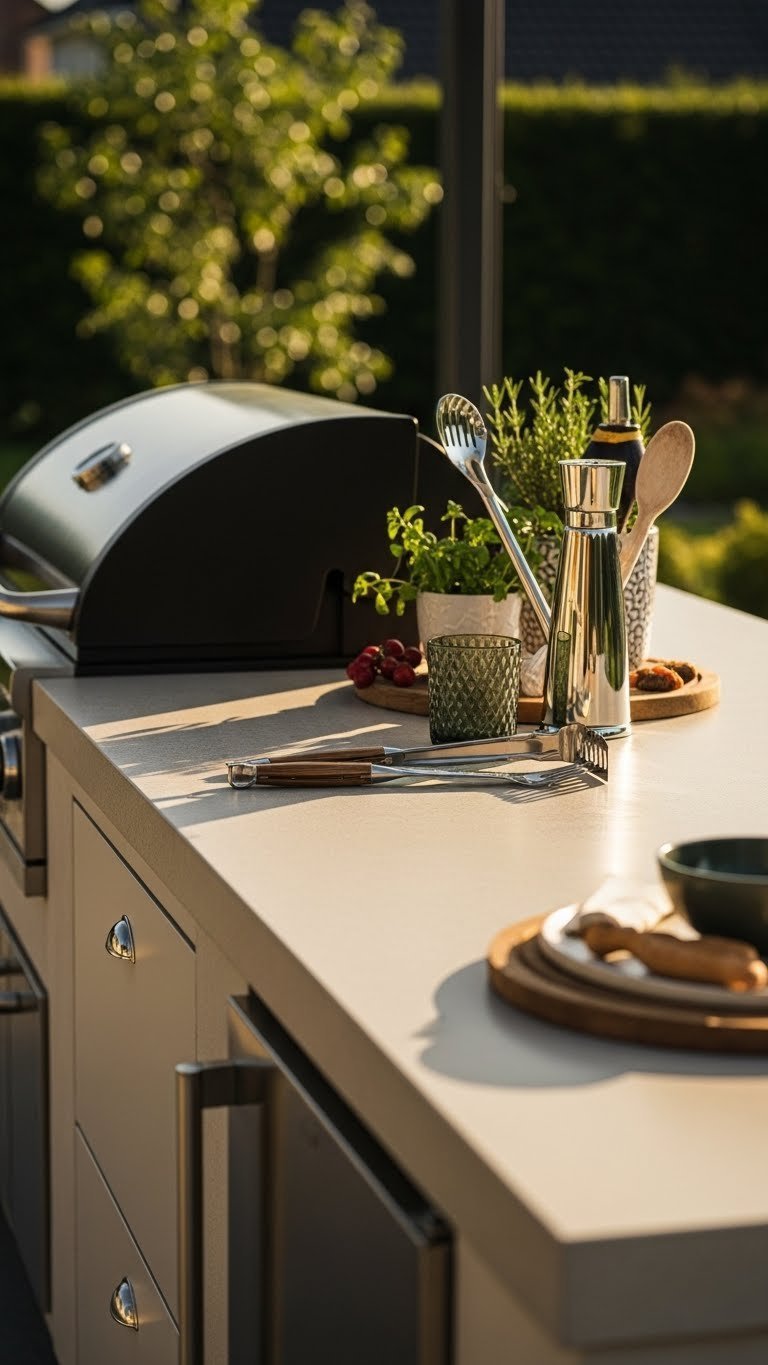 Outdoor Kitchen With Smoker: Ultimate Design &Amp; Build Guide 13 Elegant finished outdoor kitchen featuring gleaming granite countertops, stylish accessories, and a subtly integrated built-in smoker at golden hour.