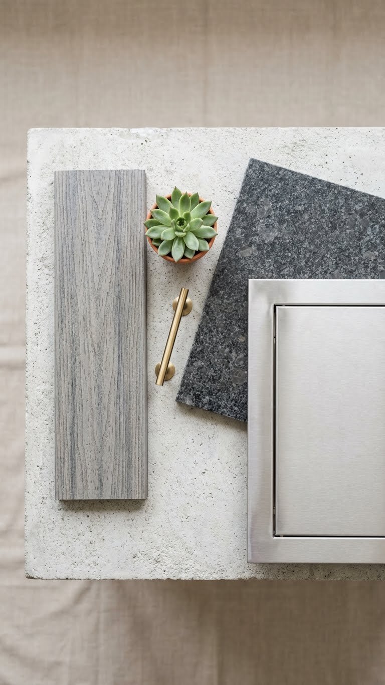 Outdoor Kitchen On Deck Planning Guide For Safe Stylish Builds 5 Elegant flat lay arrangement of outdoor kitchen material samples including composite decking, stainless steel, and granite