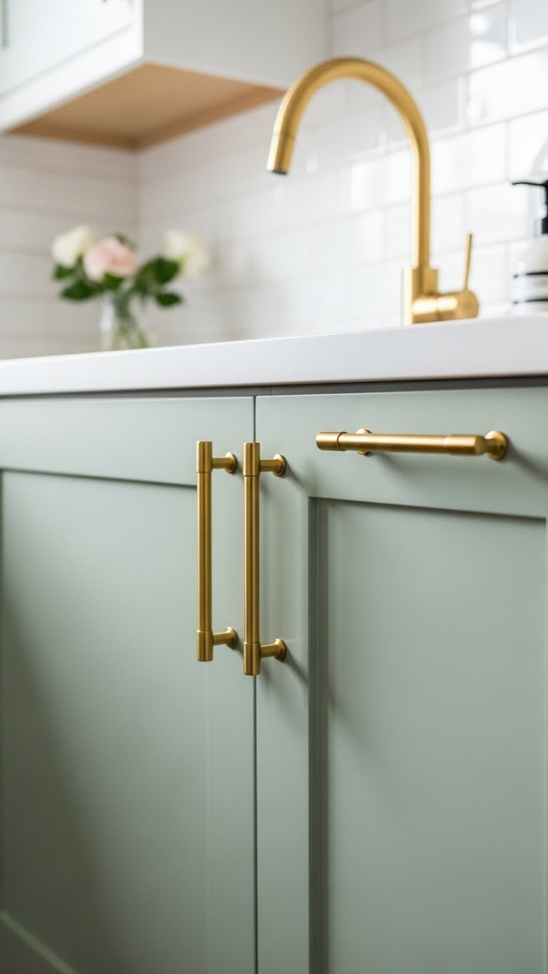 Elegant gold cabinet pulls and faucet against sage green cabinets with white countertop accents