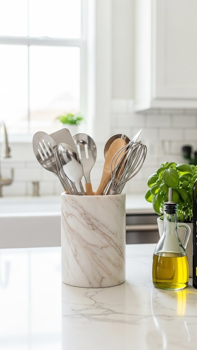 Elegant hand-finished marble utensil holder with stainless steel tools on bright quartz countertop