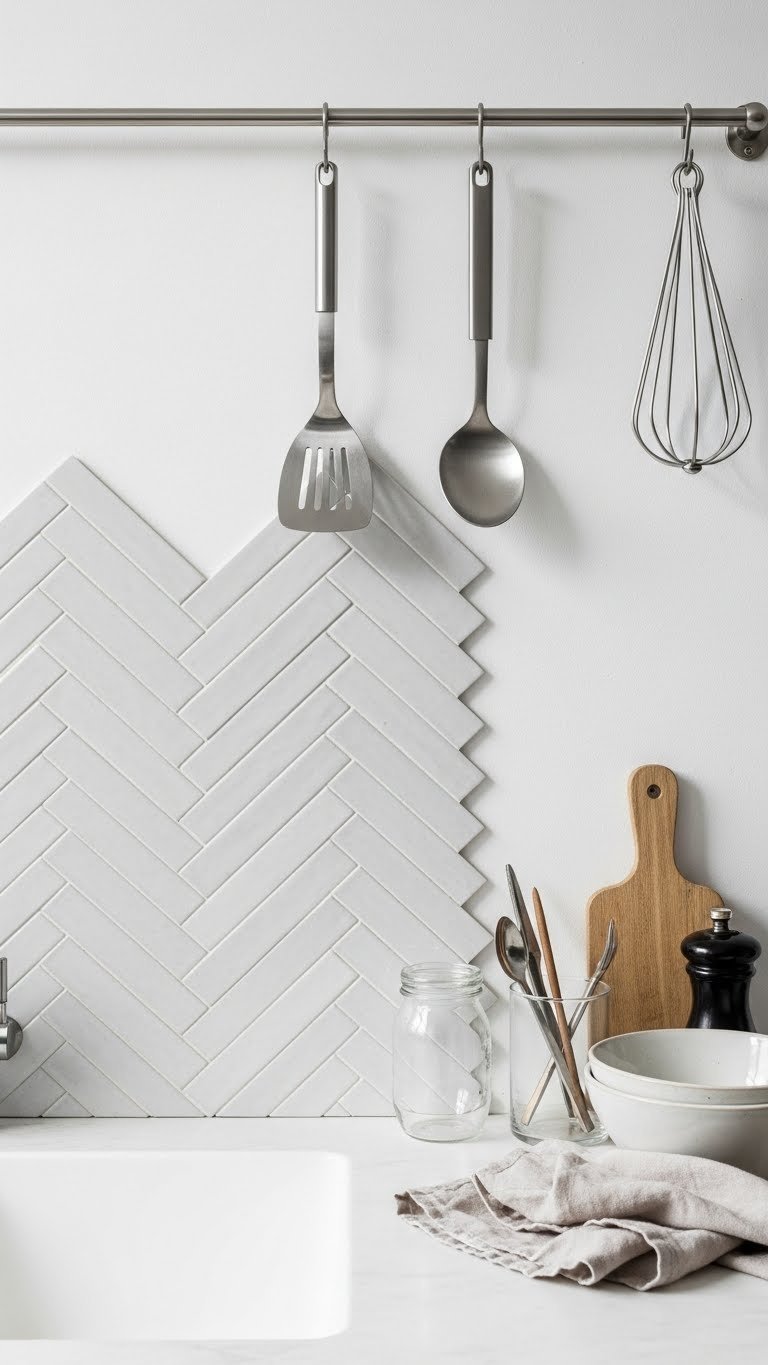 Elegant herringbone pattern tiles in light colors creating dynamic movement on a minimalist Scandinavian kitchen surface.