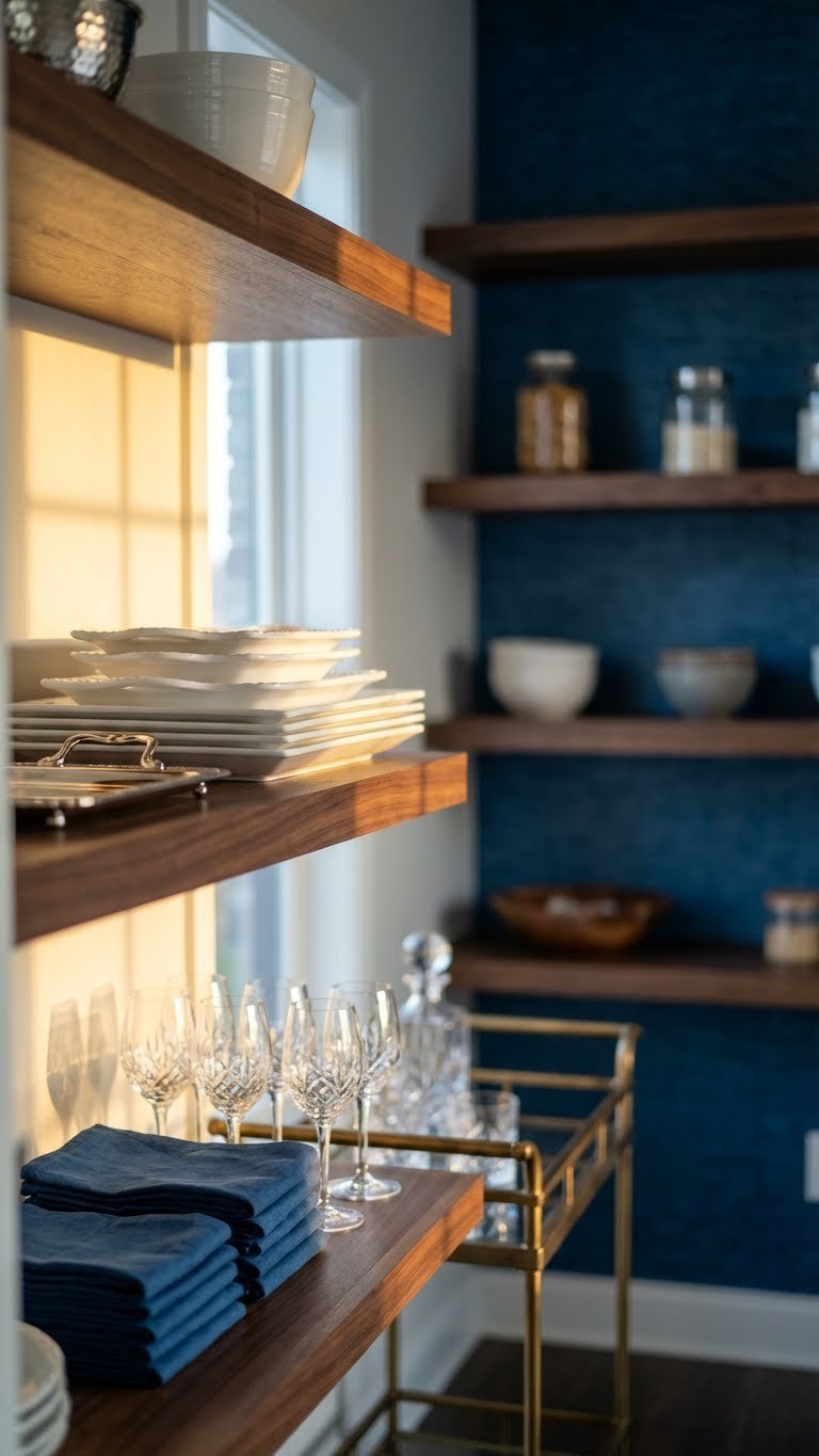 7 Genius Kitchen Pantry Closet Ideas For Ultimate Storage 9 Elegant hosting zone in a kitchen pantry features dark wooden shelves, sparkling wine glasses, white platters, and silver tray.