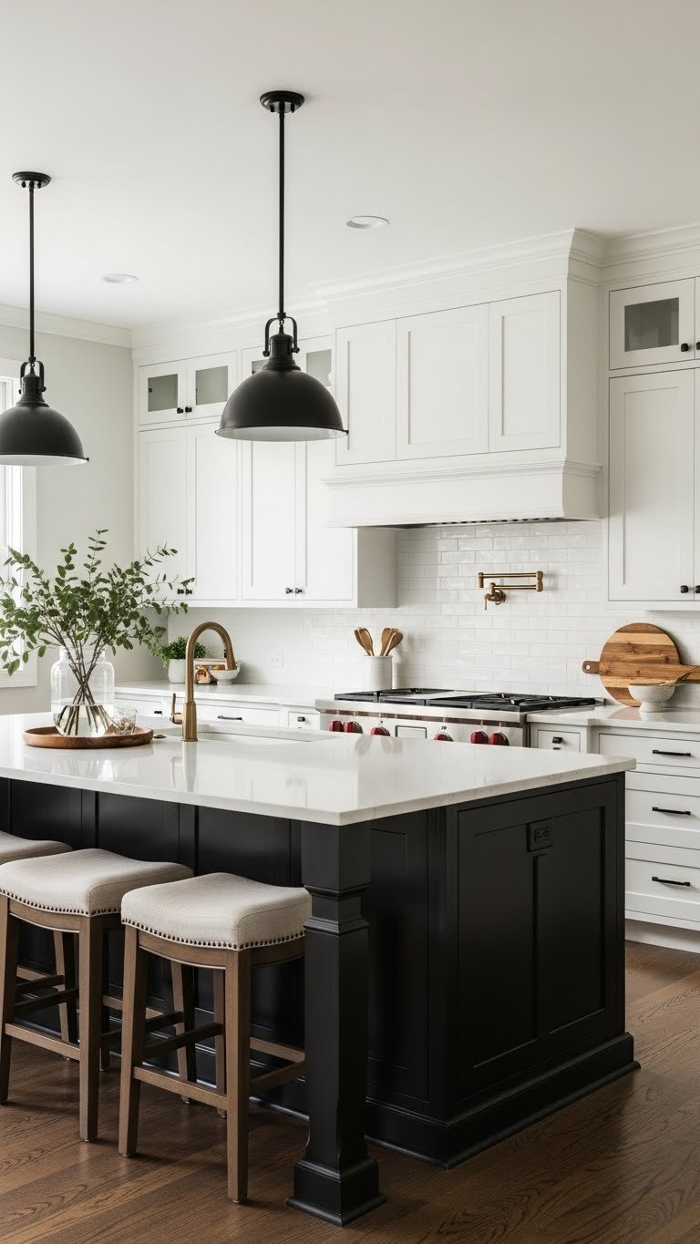 Elegant kitchen: dark island focal point, white perimeter cabinets, light walls, sleek pendant lights, cozy counter stools.