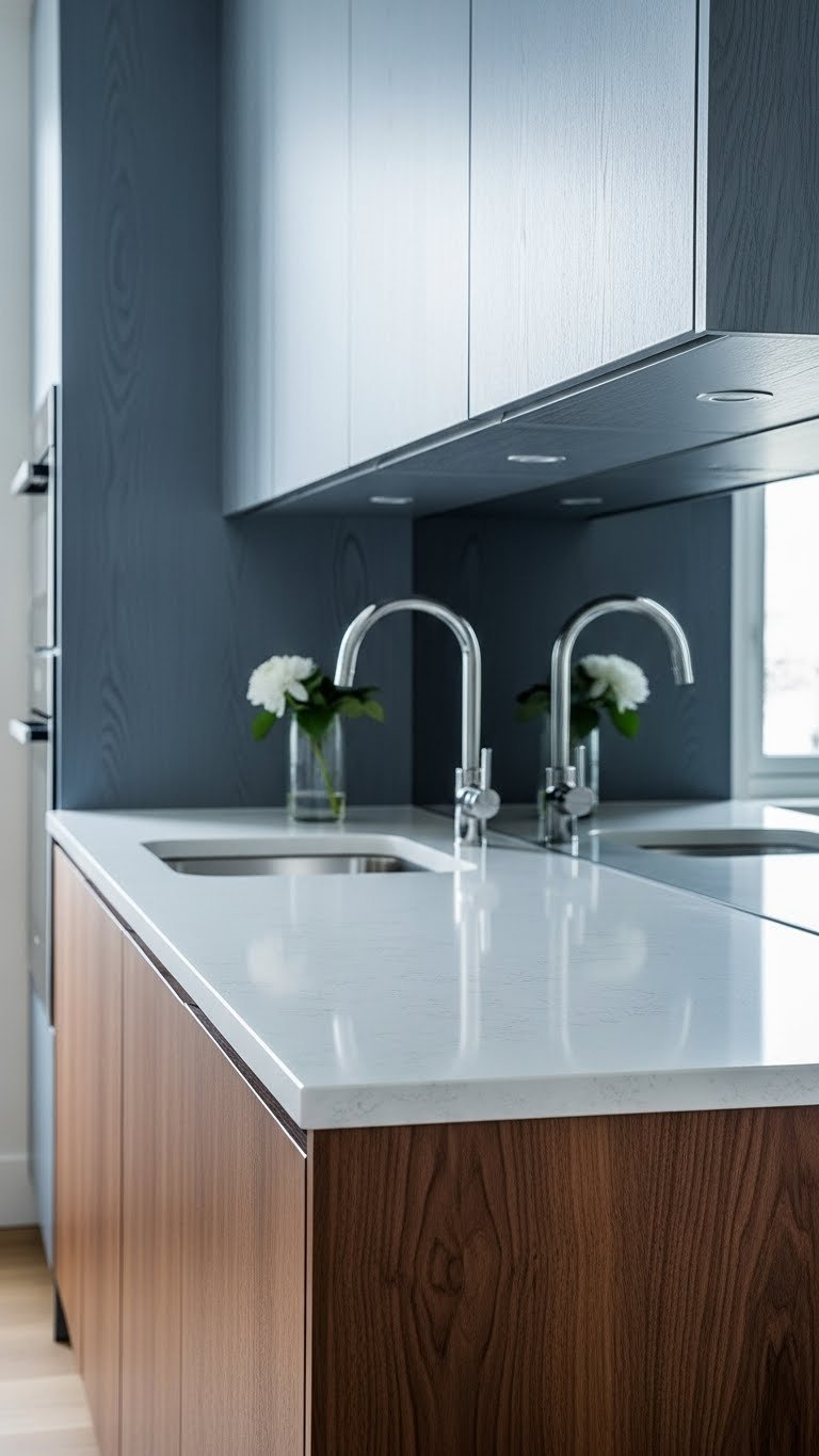 Elegant kitchen detail showing dark wood cabinets contrasted with white quartz countertop and mirror backsplash