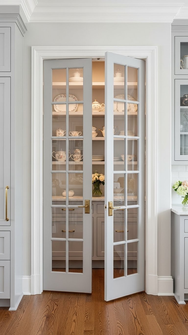 Elegant kitchen featuring chic French pantry doors, partially open to reveal a tastefully organized interior.