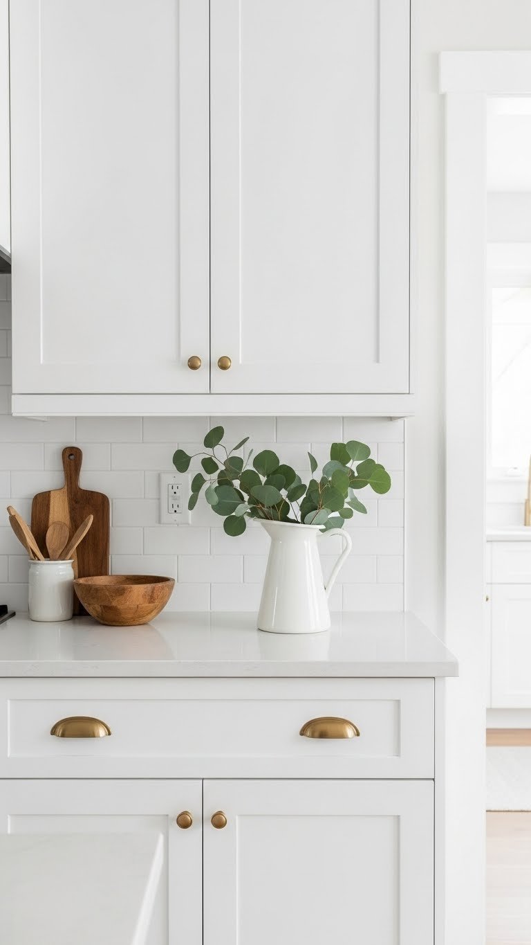 Elegant kitchen featuring white Shaker cabinets with brass hardware and subway tile backsplash