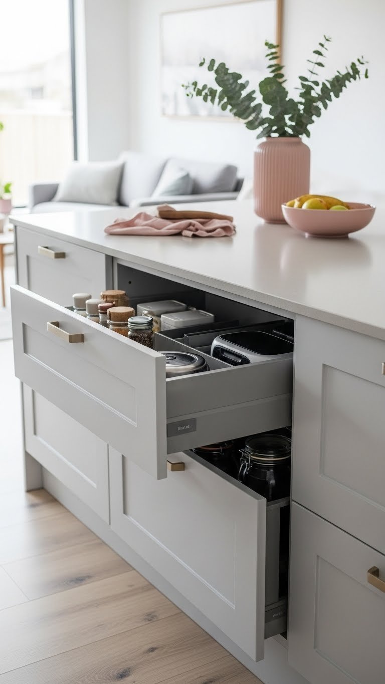 Elegant kitchen island with smart hidden storage: partially open, organized handleless drawer, spice jars, knife blocks. Gray tones.