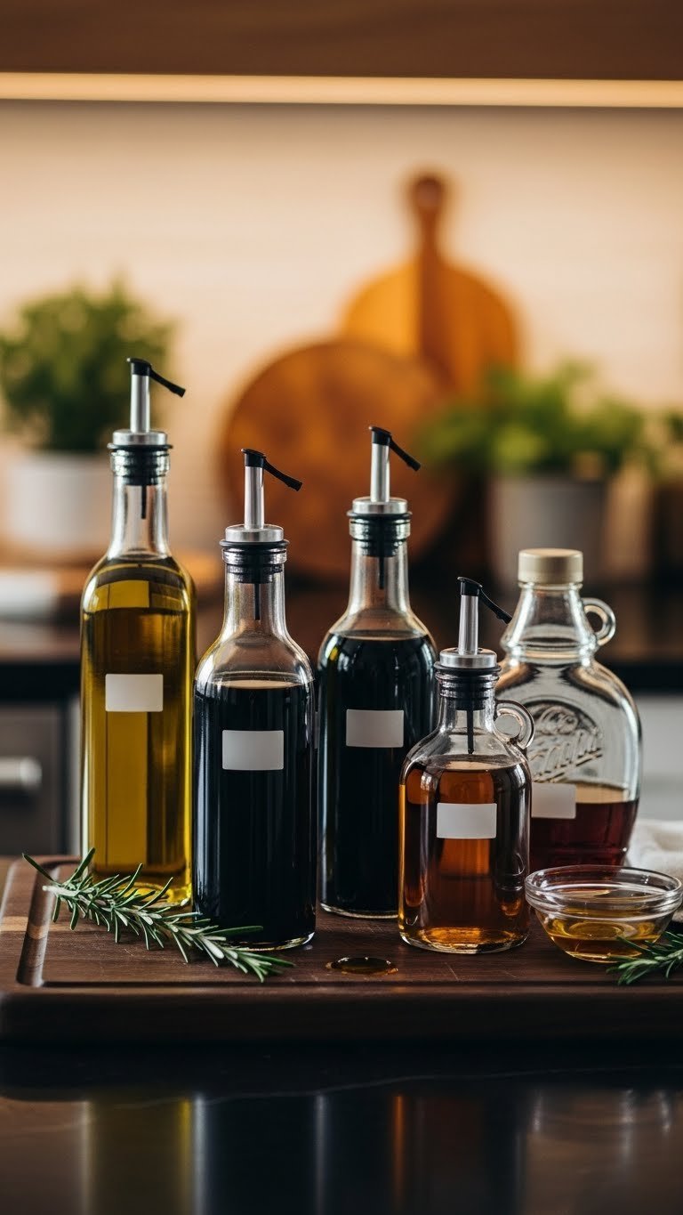 7 Essential Mason Jar Pantry Ideas: Organize Kitchen Smarter 13 Elegant kitchen setup featuring mason jars with pour spouts dispensing olive oil, balsamic vinegar, and maple syrup on a dark wooden board.