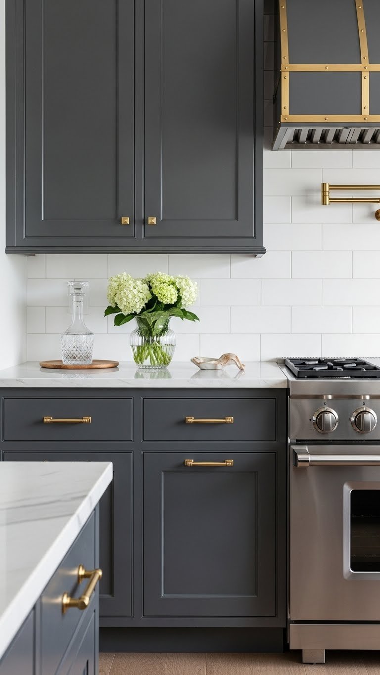 Elegant kitchen with charcoal gray raised panel cabinets, polished brass hardware, and white marble countertops for timeless sophistication