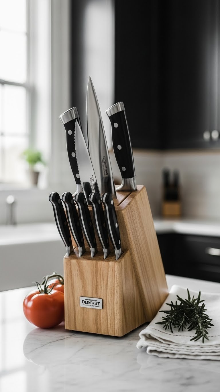 Elegant knife set in wooden block with chef's knife, utility knife, and paring knife on marble countertop