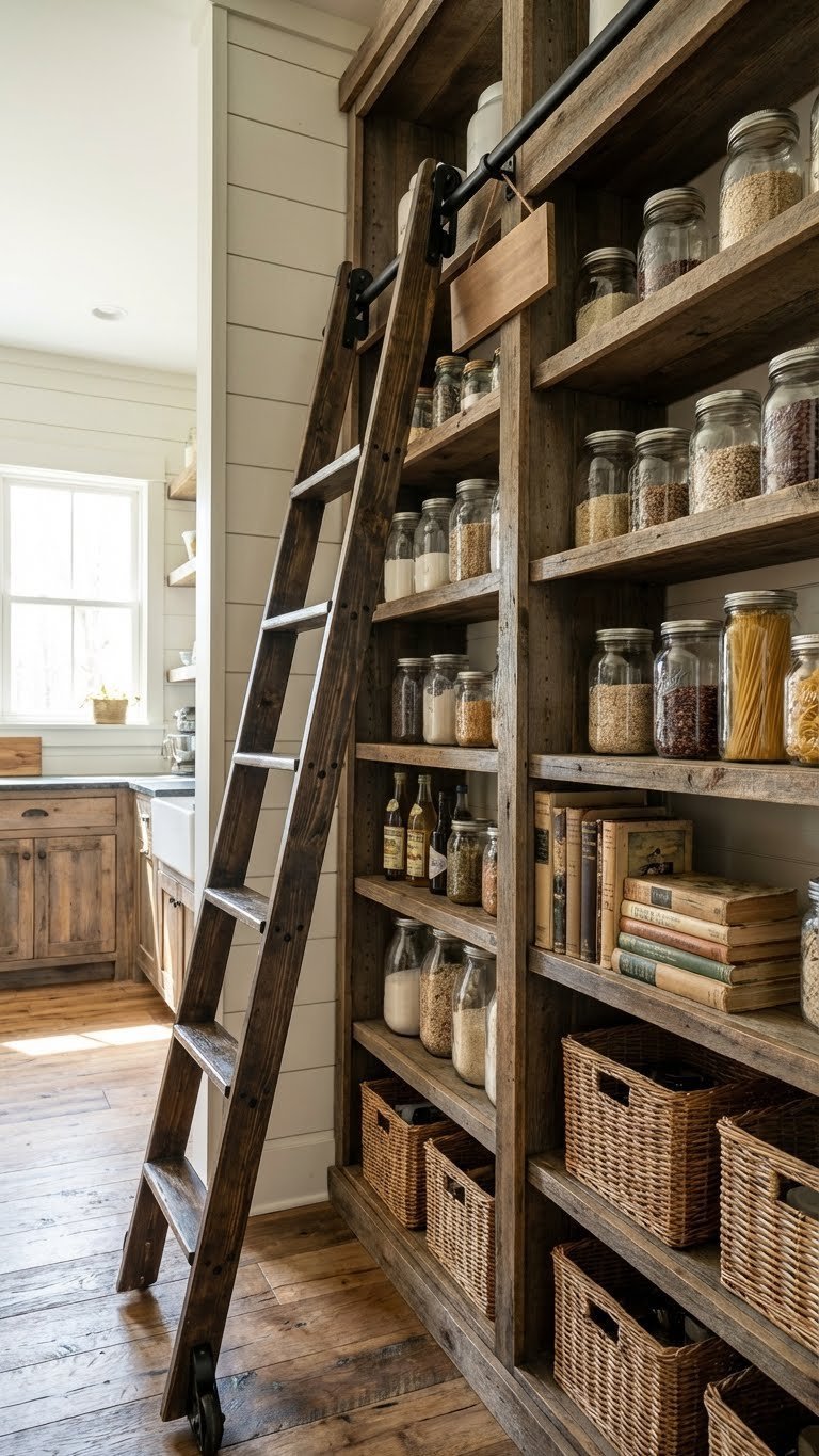 Elegant library ladder system in a rustic kitchen pantry with a rolling wooden ladder against tall open shelving and glass containers.