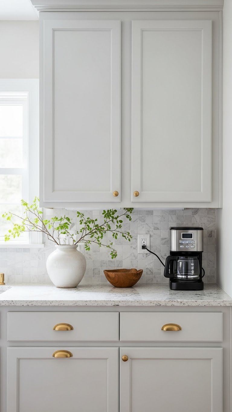 Elegant light gray kitchen cabinets with brass hardware and mosaic backsplash on granite countertop with soft lighting.