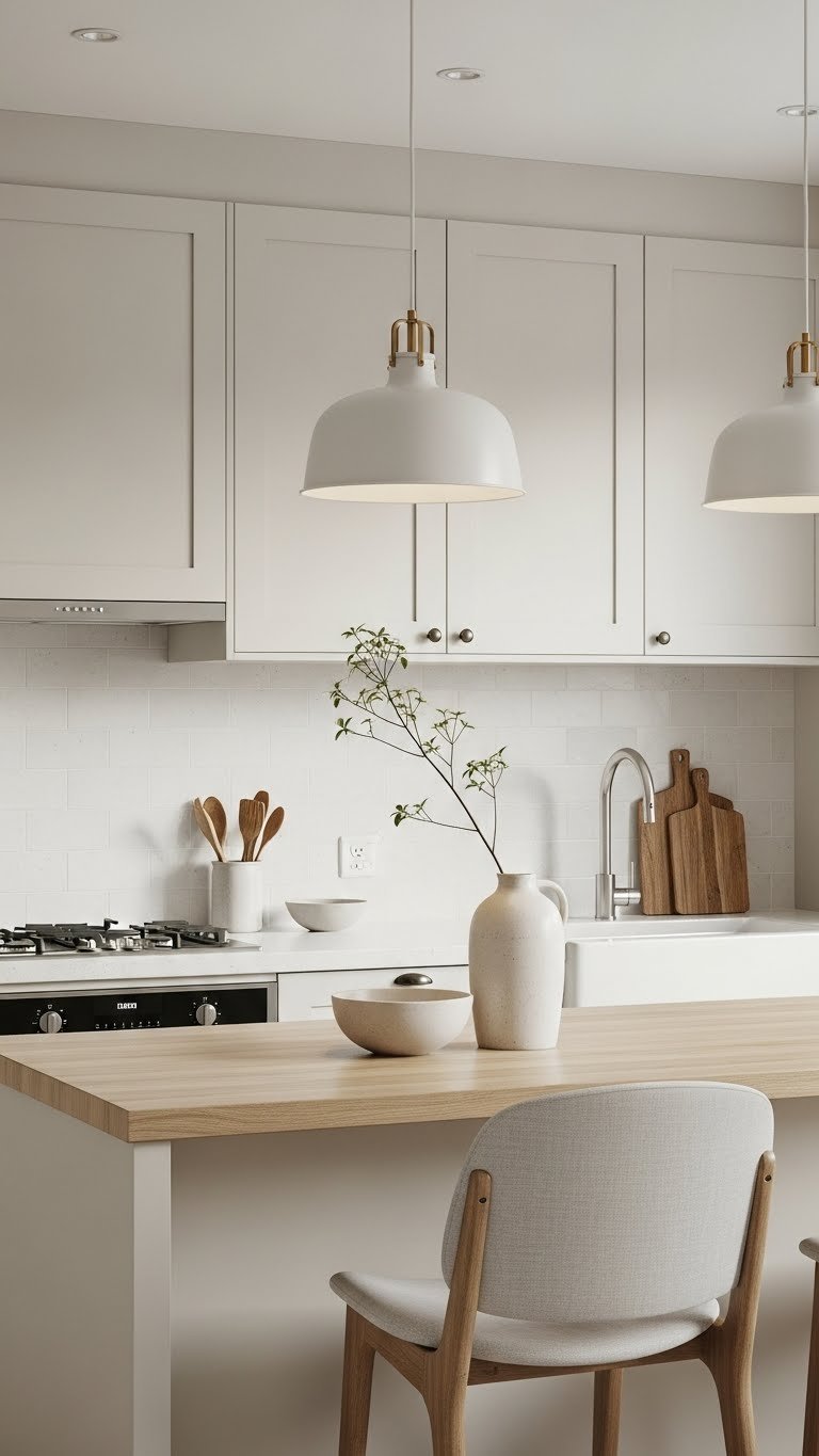 Elegant minimalist pendant lighting casting warm glow over light wood countertop in compact Japandi kitchen