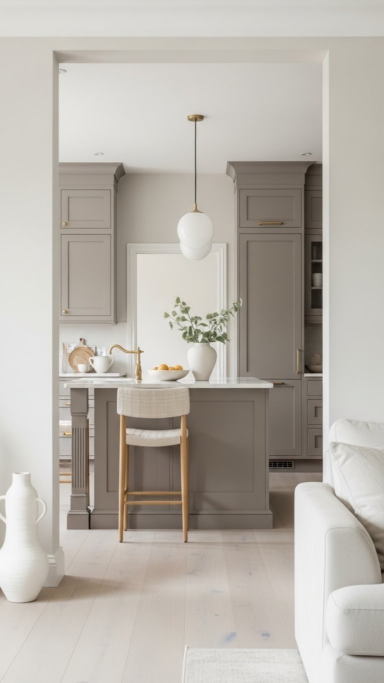 Elegant open concept kitchen & living. Warm greige monochromatic design, greige cabinets, island, light walls, oak floor, brass hardware.