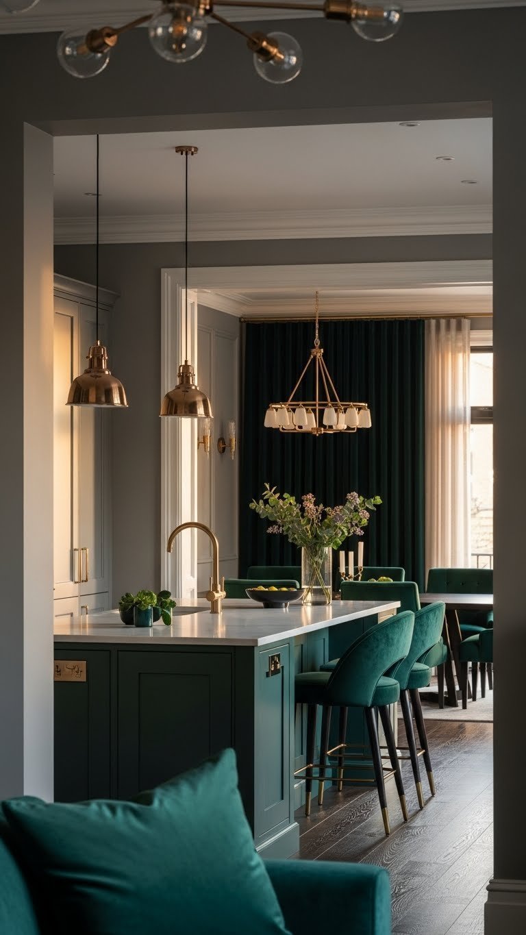 Elegant open kitchen & living room. Emerald green jewel island, muted gray, velvet, metallic lighting. Sophisticated home.