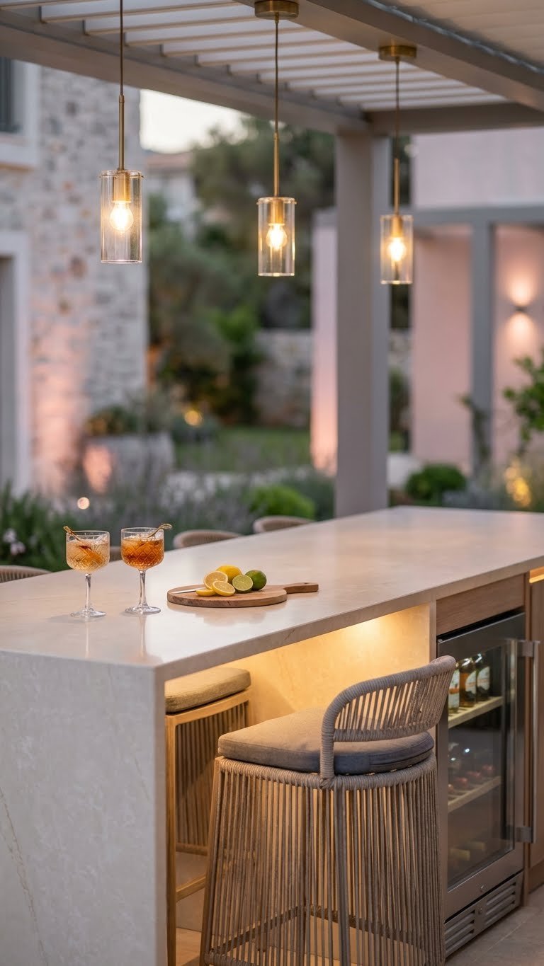 Outdoor Kitchen Villa Design Ideas For Luxury Entertaining 5 Elegant outdoor bar with waterfall-edge quartz countertop and modern bar stools illuminated by ambient dusk lighting.