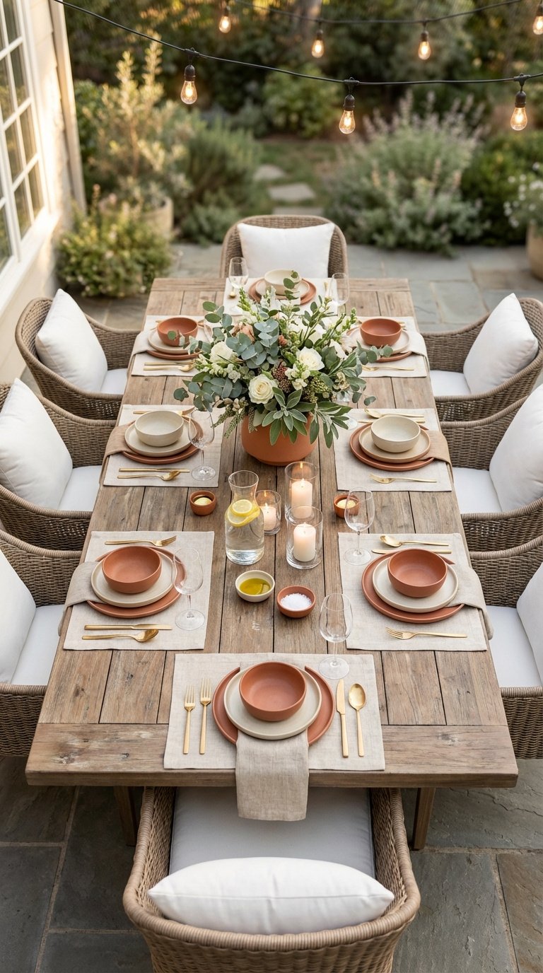 Outdoor Kitchen Entertaining Ideas Proven Tips For Homeowners 7 Elegant outdoor dining table set with rustic wood table, linen placemats, and fresh flower centerpiece.