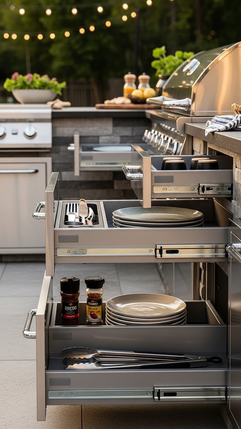 Elegant outdoor kitchen showcasing weatherproof pull-out drawer systems with organized grilling tools and utensils.