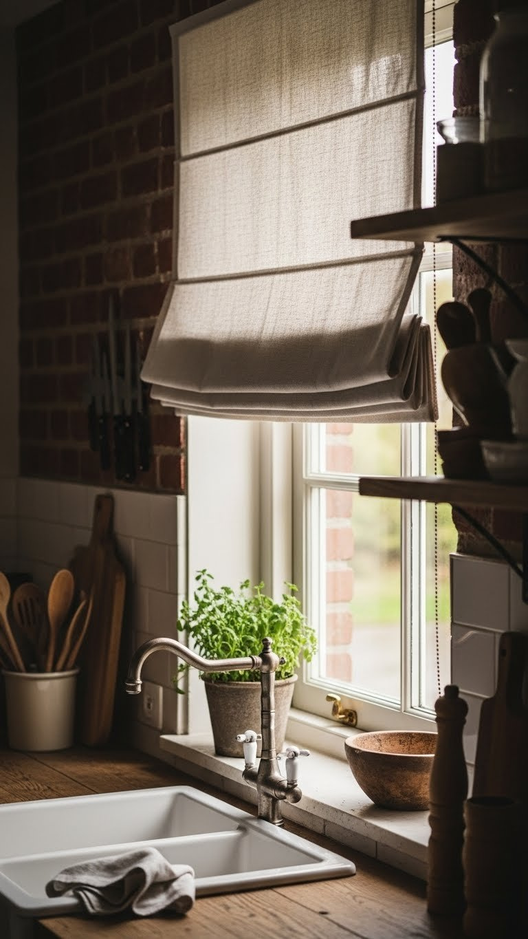 Elegant roman blinds with gentle folds halfway up in rustic Scandi kitchen with warm golden hour lighting and wooden accents