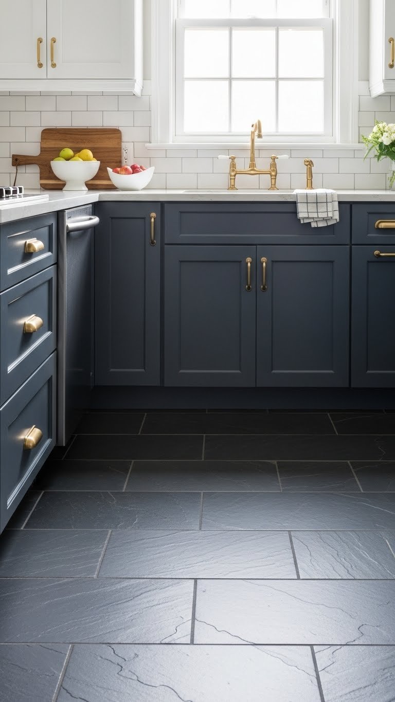 Elegant small kitchen with dark slate grey tile floors, brass hardware, white cabinetry, and sophisticated timeless kitchen aesthetic.