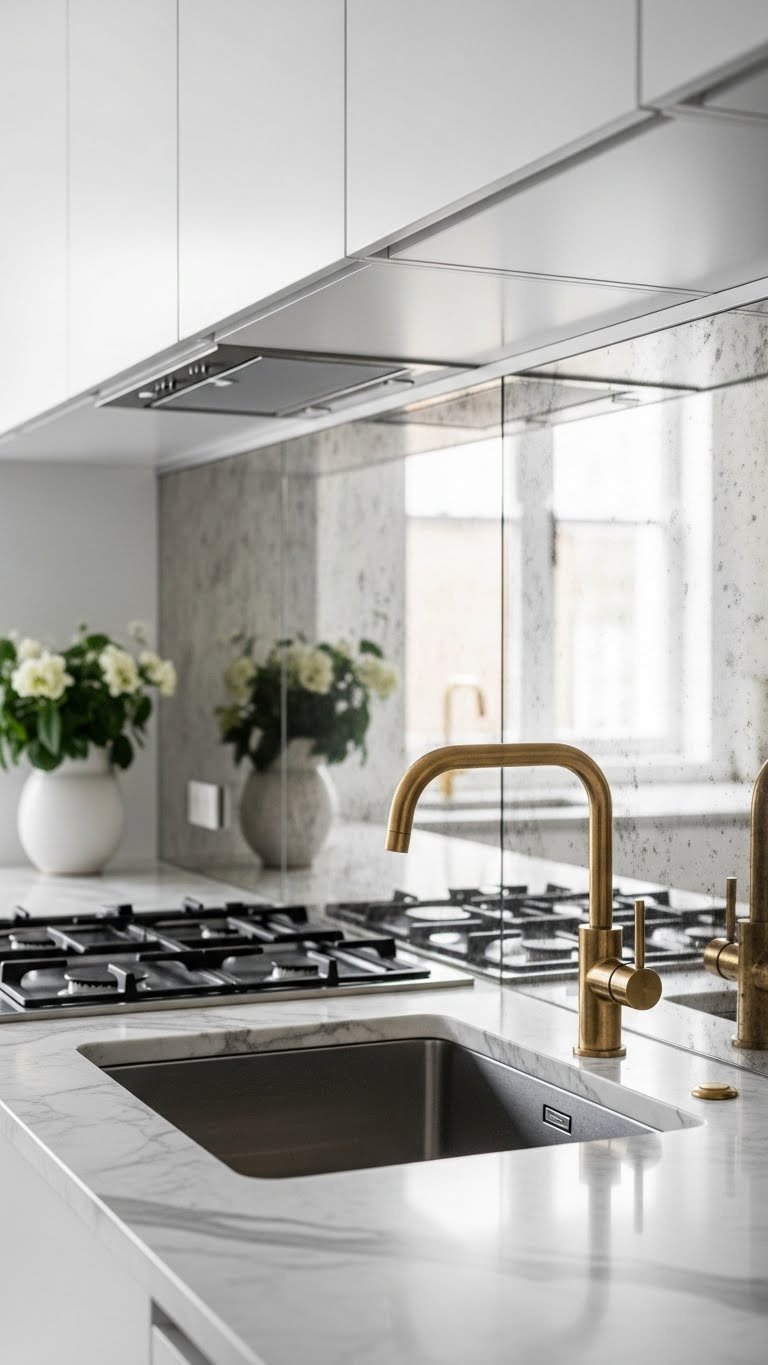 Elegant small kitchen with sleek reflective backsplash and glossy marble countertop featuring minimalist brass faucet and decorative plant