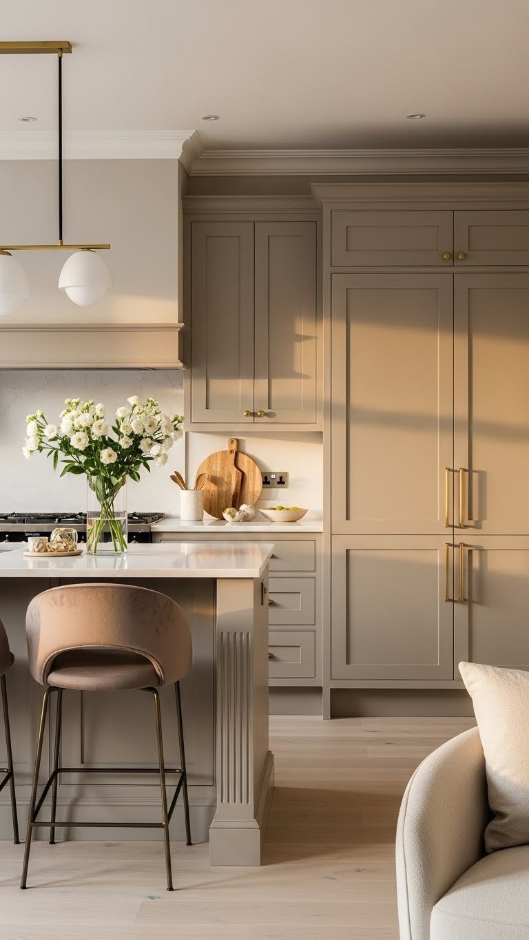 Elegant taupe kitchen living. Mixed metallic accents, taupe cabinets, island. Sophisticated style.