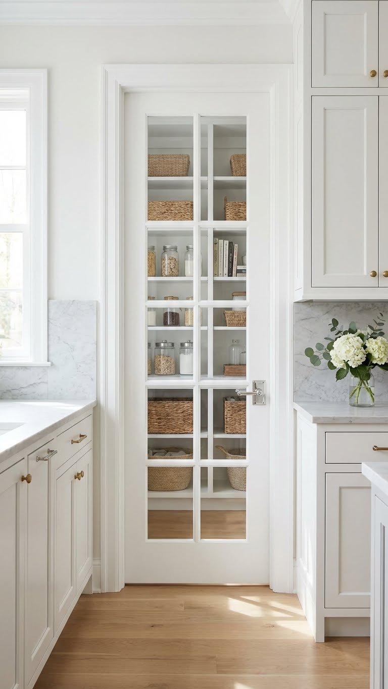 Elegant transitional kitchen features a sophisticated white full lite French pantry door with multiple glass panes and polished chrome hardware.