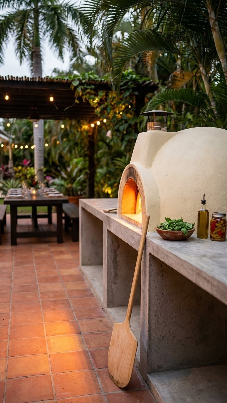 Outdoor Kitchen Tropical Design Ideas For A Resort Style Backyard 15 Elegant tropical outdoor kitchen with built-in pizza oven glowing warmly and integrated into stucco countertop
