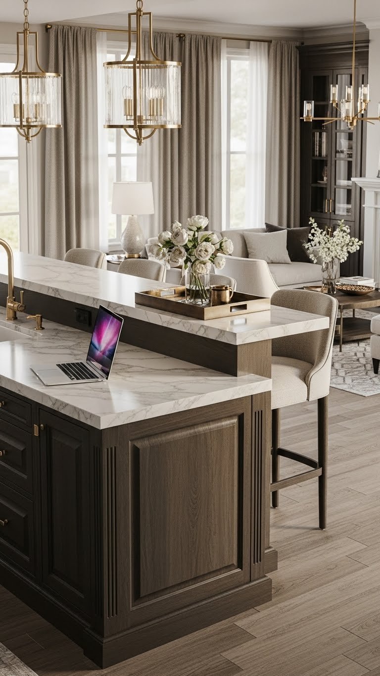 Elegant two-tier kitchen island separating living room, with dark prep and raised light bar surfaces, stools, and laptop. Golden hour.