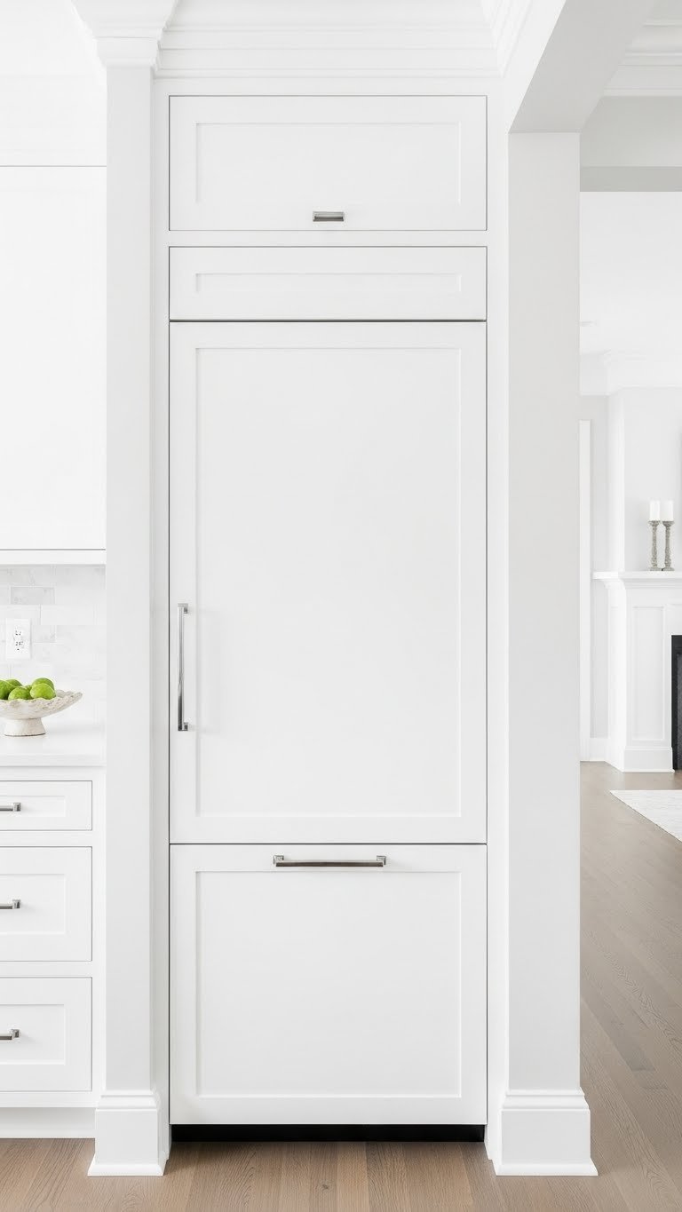 Elegant white built-in kitchen pantry seamlessly integrated into a kitchen wall with flush cabinet doors and minimalist design.