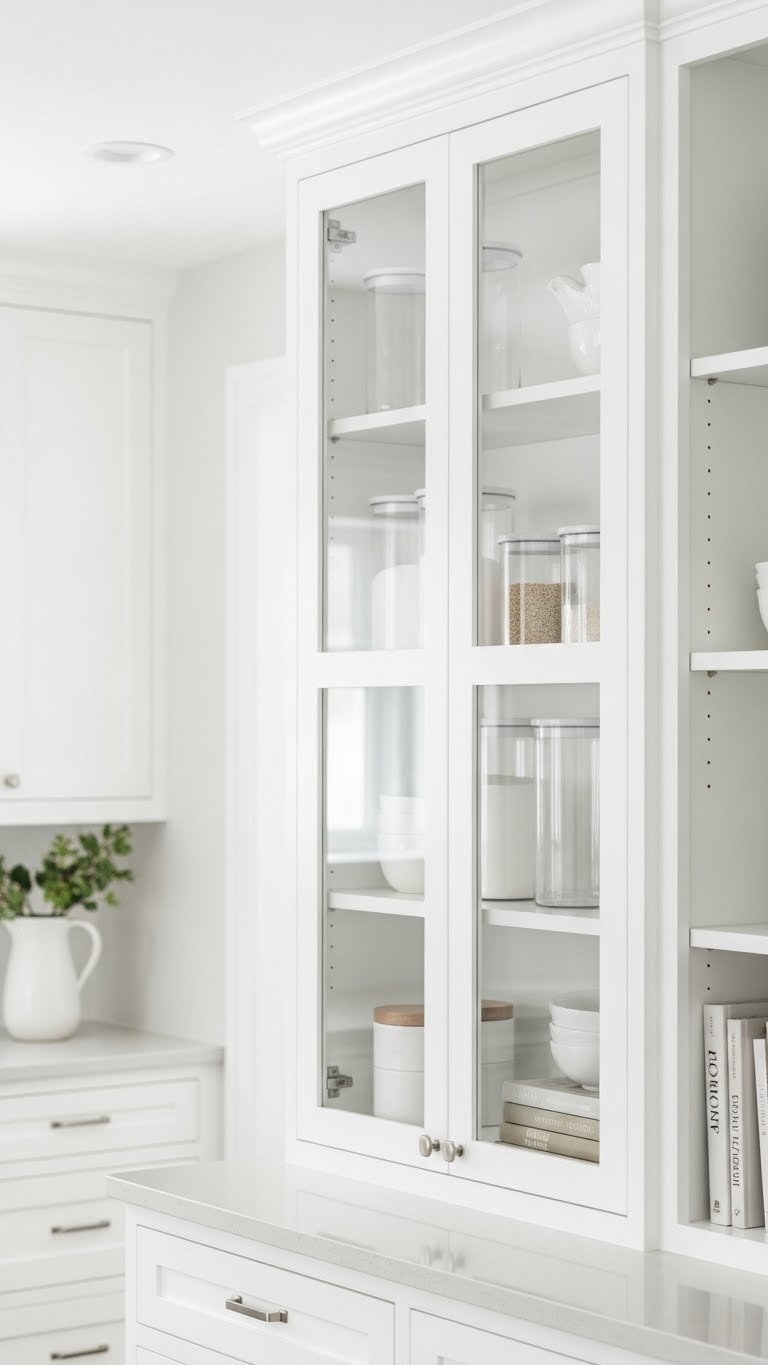 Elegant white glass-front kitchen pantry cabinets display arranged clear containers, ceramics, and cookbooks in soft natural light.