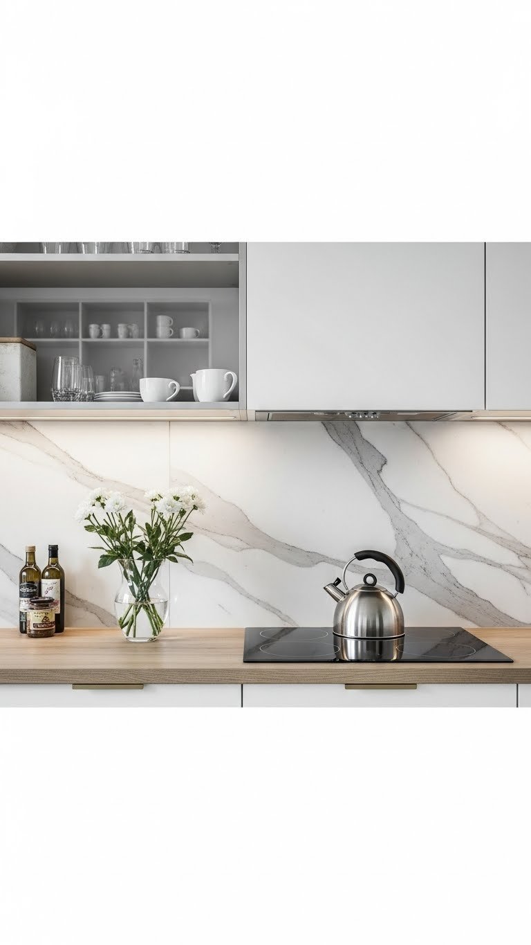 Elegant white marble backsplash with subtle grey veining in Scandi kitchen with stainless steel kettle and fresh white flowers
