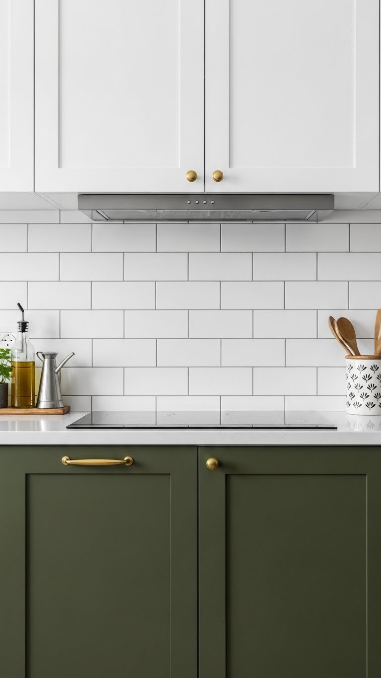 Elegant white subway tile backsplash contrasting sharply with deep matte dark olive green kitchen cabinets and a light countertop.