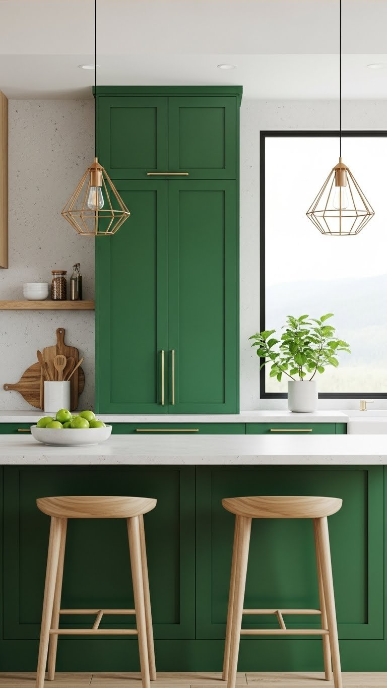 Emerald green flat-panel cabinets with minimalist wooden stools and geometric pendant lights in modern kitchen