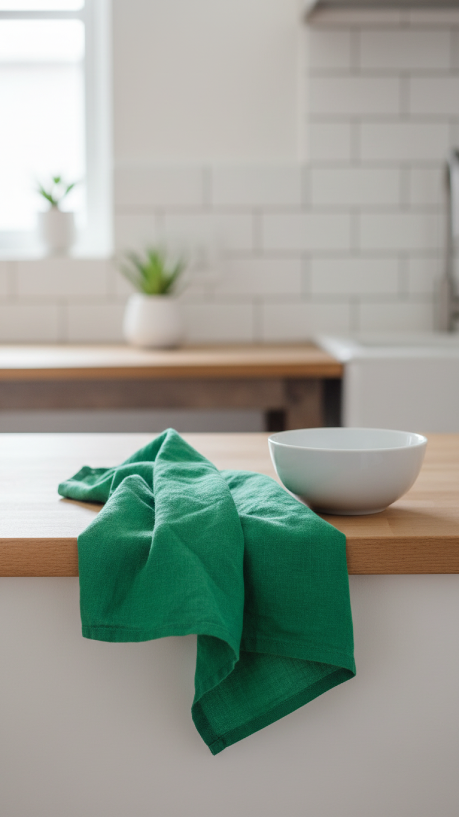 Emerald green linen tea towel draped over light wood counter with white ceramic bowl in minimalist Scandinavian kitchen