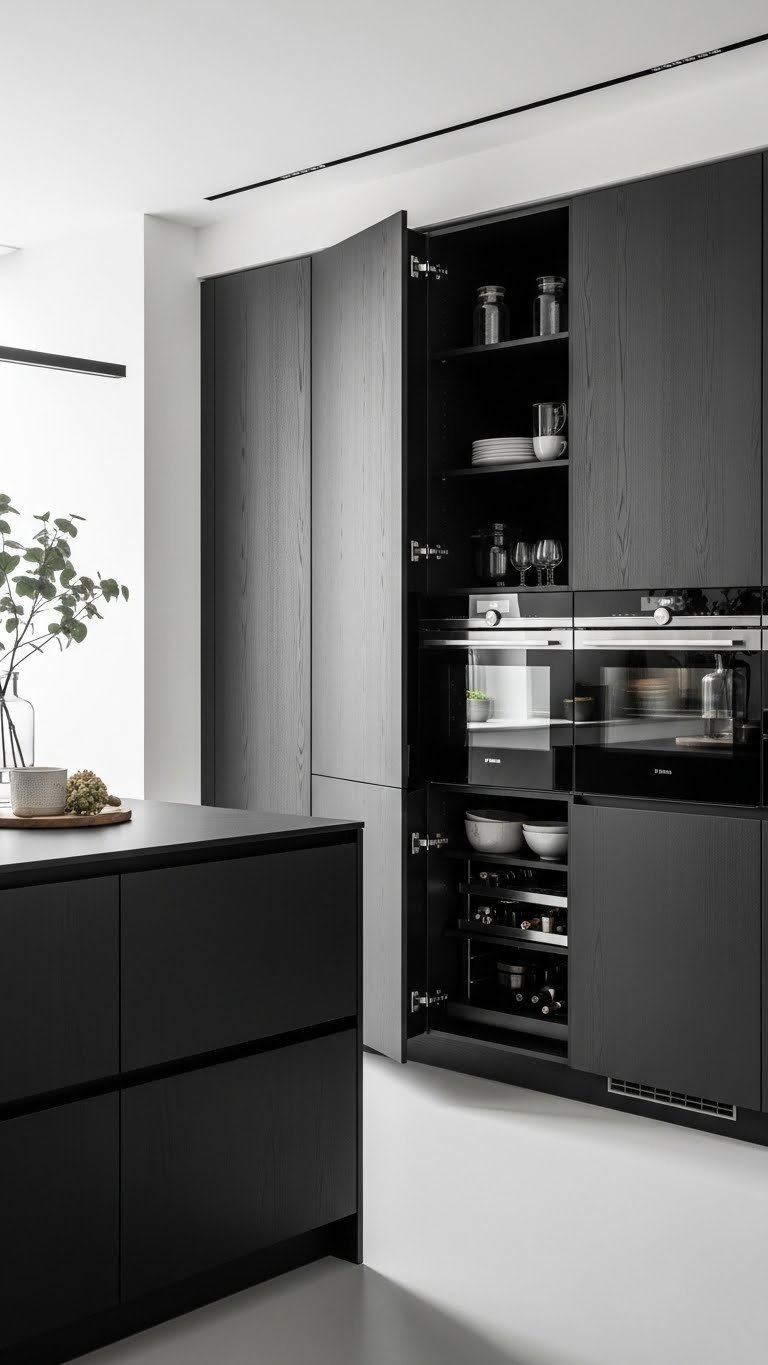 Dark Kitchen Aesthetic Secrets To Chic Home Design 13 Ergonomic dark kitchen layout with integrated appliances, maximized vertical storage, and streamlined design. Modern and efficient.