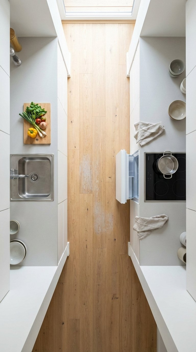 Ergonomic kitchen triangle workflow showing efficient layout between sink, stove, and refrigerator